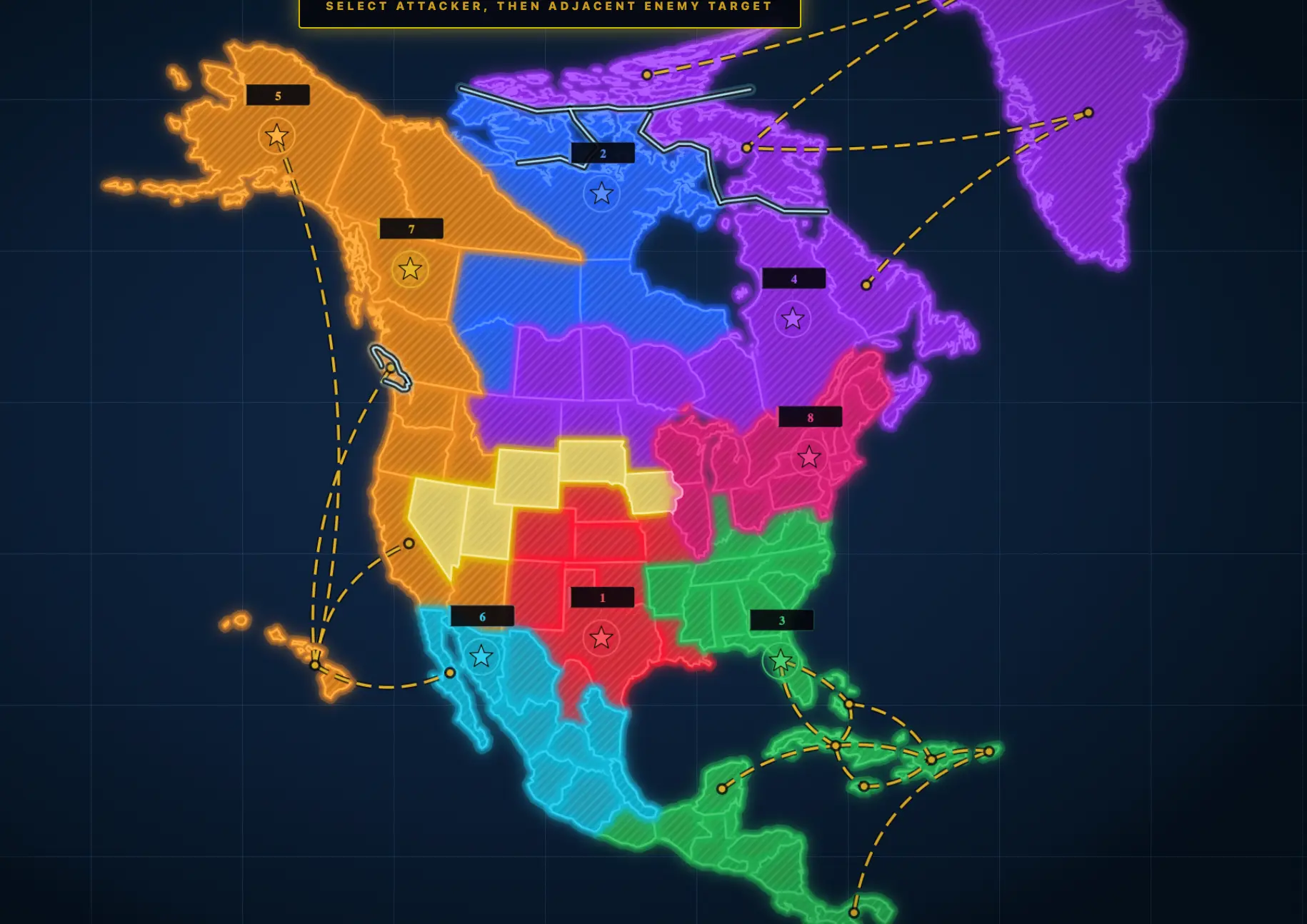 NATW gameplay screenshot showing 8 players with colored territories across North America
